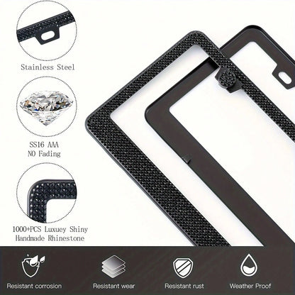 2pcs 2025 Luxury Stainless Steel License Plate Frame With Sparkling Acrylic Rhinestones- Premium 2-Hole Design With Complete Installation Hardware, Heavy Duty 304 Stainless Steel Construction, Anti-F