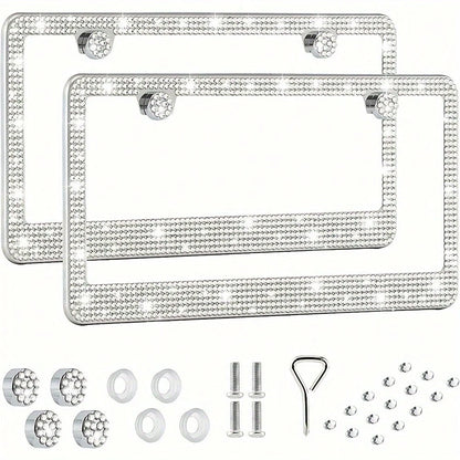 2pcs 2025 Luxury Stainless Steel License Plate Frame With Sparkling Acrylic Rhinestones- Premium 2-Hole Design With Complete Installation Hardware, Heavy Duty 304 Stainless Steel Construction, Anti-F