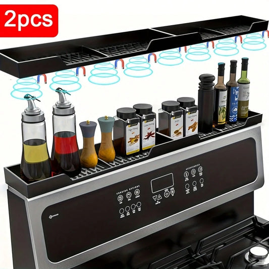 2pcs 30 Inch Magnetic Stove Top Shelf Spice Rack Storage, Silicone Top Heat Material Stove Rack Shelf Flexible Seasoning Organizer Kitchen Shelves Gadgets (Black)