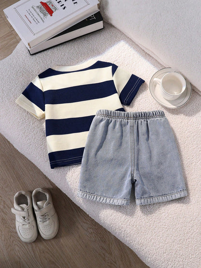 2pcs Baby Boy Casual Cute Black & White Striped Short Sleeve T-Shirt And Denim Shorts Set, Suitable For Spring/Summer