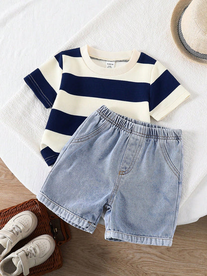 2pcs Baby Boy Casual Cute Black & White Striped Short Sleeve T-Shirt And Denim Shorts Set, Suitable For Spring/Summer