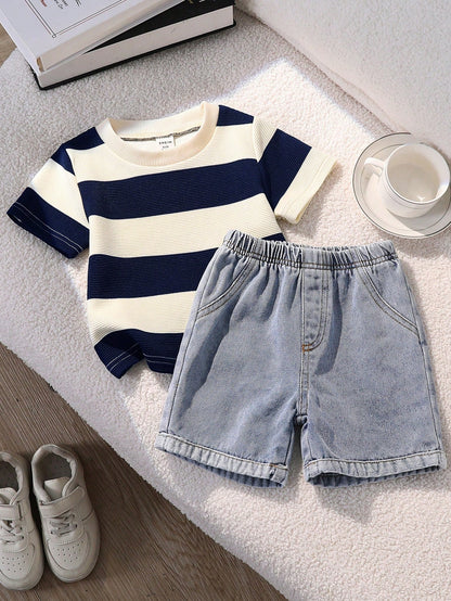 2pcs Baby Boy Casual Cute Black & White Striped Short Sleeve T-Shirt And Denim Shorts Set, Suitable For Spring/Summer