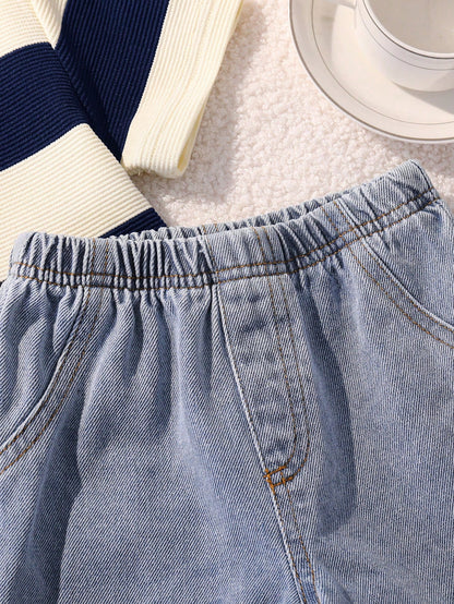 2pcs Baby Boy Casual Cute Black & White Striped Short Sleeve T-Shirt And Denim Shorts Set, Suitable For Spring/Summer