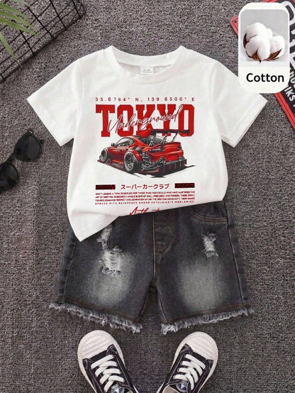 2pcs Baby Boy Casual Cute Black & White Striped Short Sleeve T-Shirt And Denim Shorts Set, Suitable For Spring/Summer