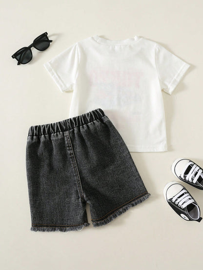 2pcs Baby Boy Casual Cute Black & White Striped Short Sleeve T-Shirt And Denim Shorts Set, Suitable For Spring/Summer