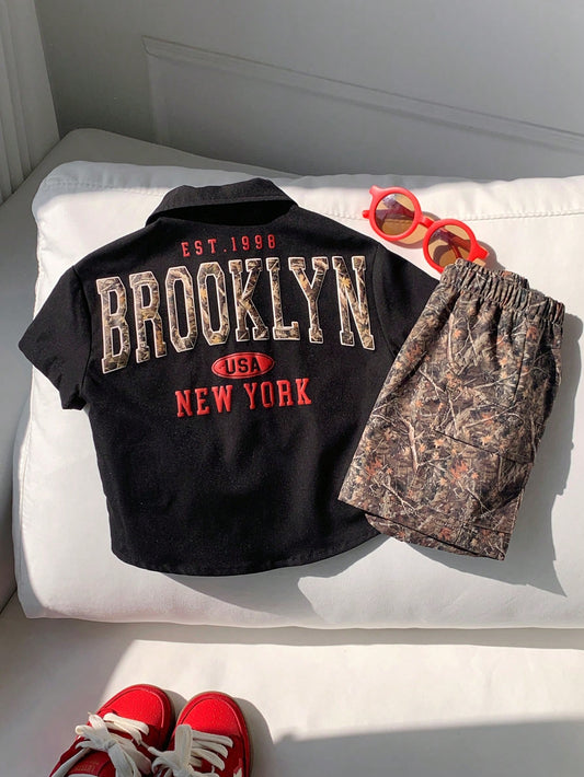 2pcs Baby Boy Summer Casual Black Short Sleeve Shirt With Leaf Camo Pattern Shorts Set, Camo Utility Shirt Outfit
