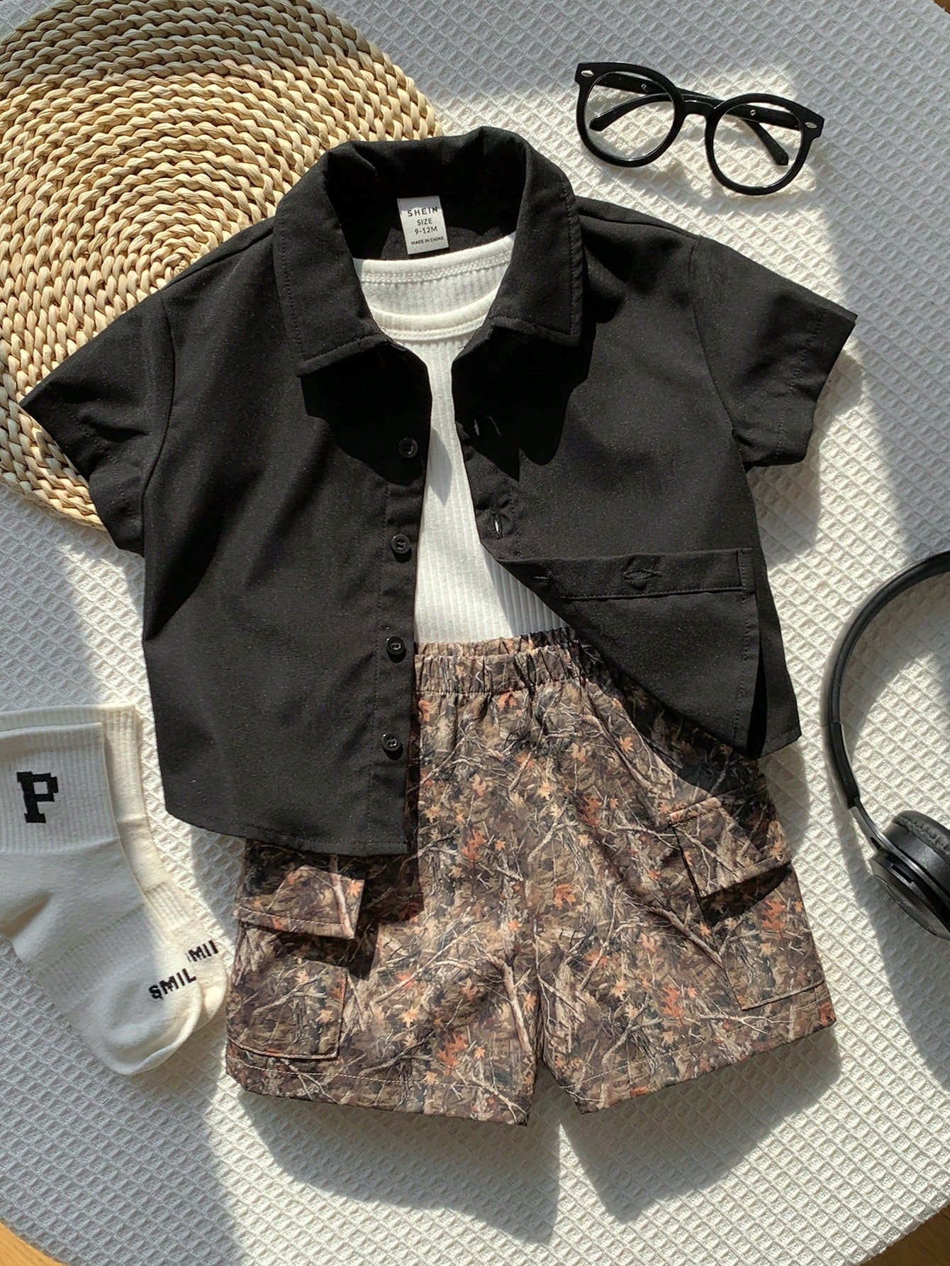 2pcs Baby Boy Summer Casual Black Short Sleeve Shirt With Leaf Camo Pattern Shorts Set, Camo Utility Shirt Outfit