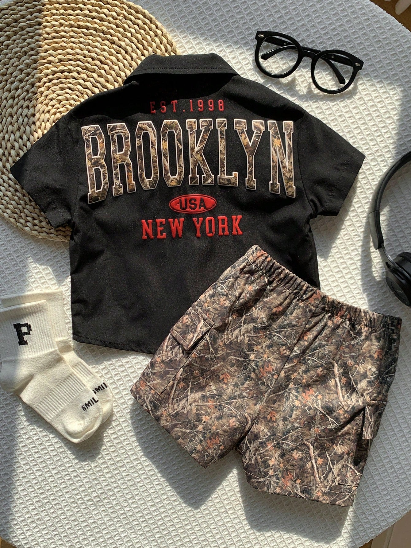 2pcs Baby Boy Summer Casual Black Short Sleeve Shirt With Leaf Camo Pattern Shorts Set, Camo Utility Shirt Outfit