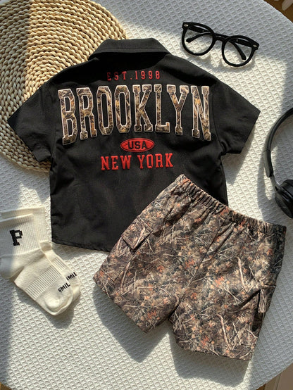 2pcs Baby Boy Summer Casual Black Short Sleeve Shirt With Leaf Camo Pattern Shorts Set, Camo Utility Shirt Outfit