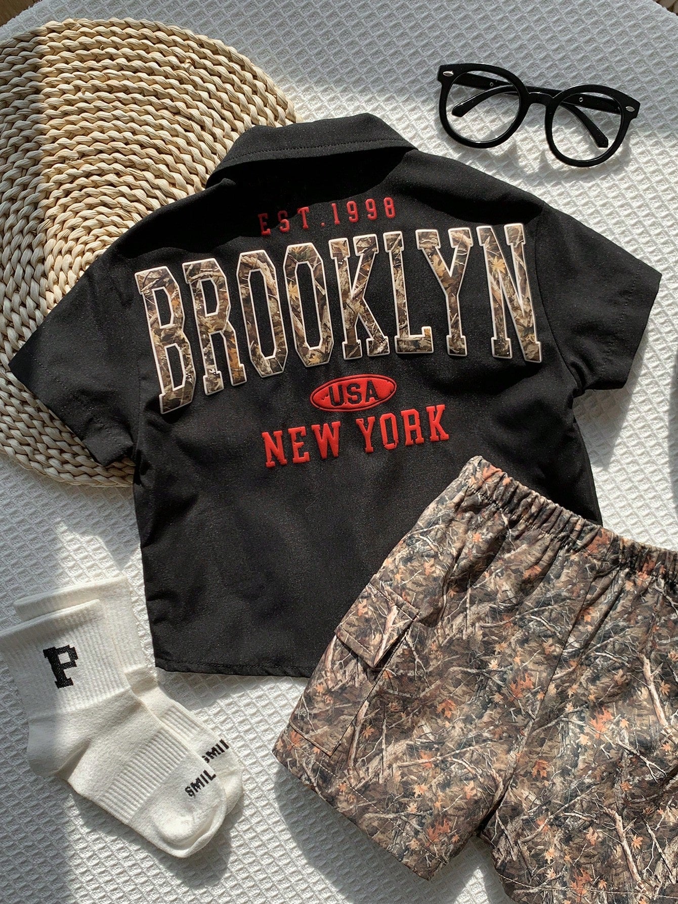 2pcs Baby Boy Summer Casual Black Short Sleeve Shirt With Leaf Camo Pattern Shorts Set, Camo Utility Shirt Outfit