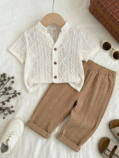 2pcs Baby Boys Baby Girls Toddler Boys Casual Preppy Versatile White Solid Color Hollow Knit Soft Small Collar Short Sleeve Button-Up Top Textured Fabric Half Placket Short Sleeve T-Shirt And Co