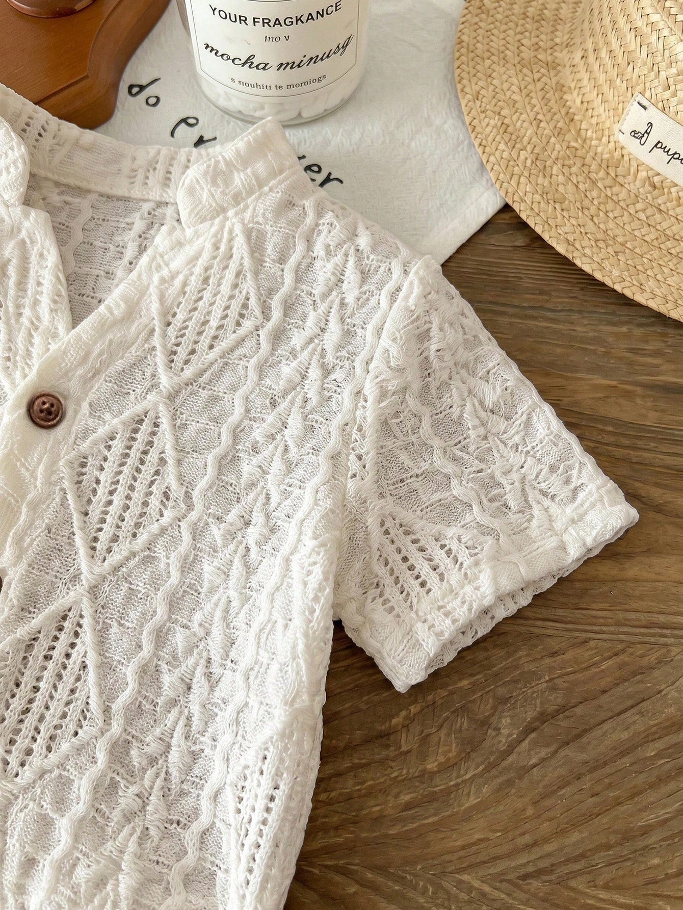 2pcs Baby Boys Baby Girls Toddler Boys Casual Preppy Versatile White Solid Color Hollow Knit Soft Small Collar Short Sleeve Button-Up Top Textured Fabric Half Placket Short Sleeve T-Shirt And Co