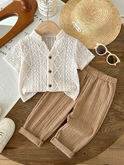 2pcs Baby Boys Baby Girls Toddler Boys Casual Preppy Versatile White Solid Color Hollow Knit Soft Small Collar Short Sleeve Button-Up Top Textured Fabric Half Placket Short Sleeve T-Shirt And Co
