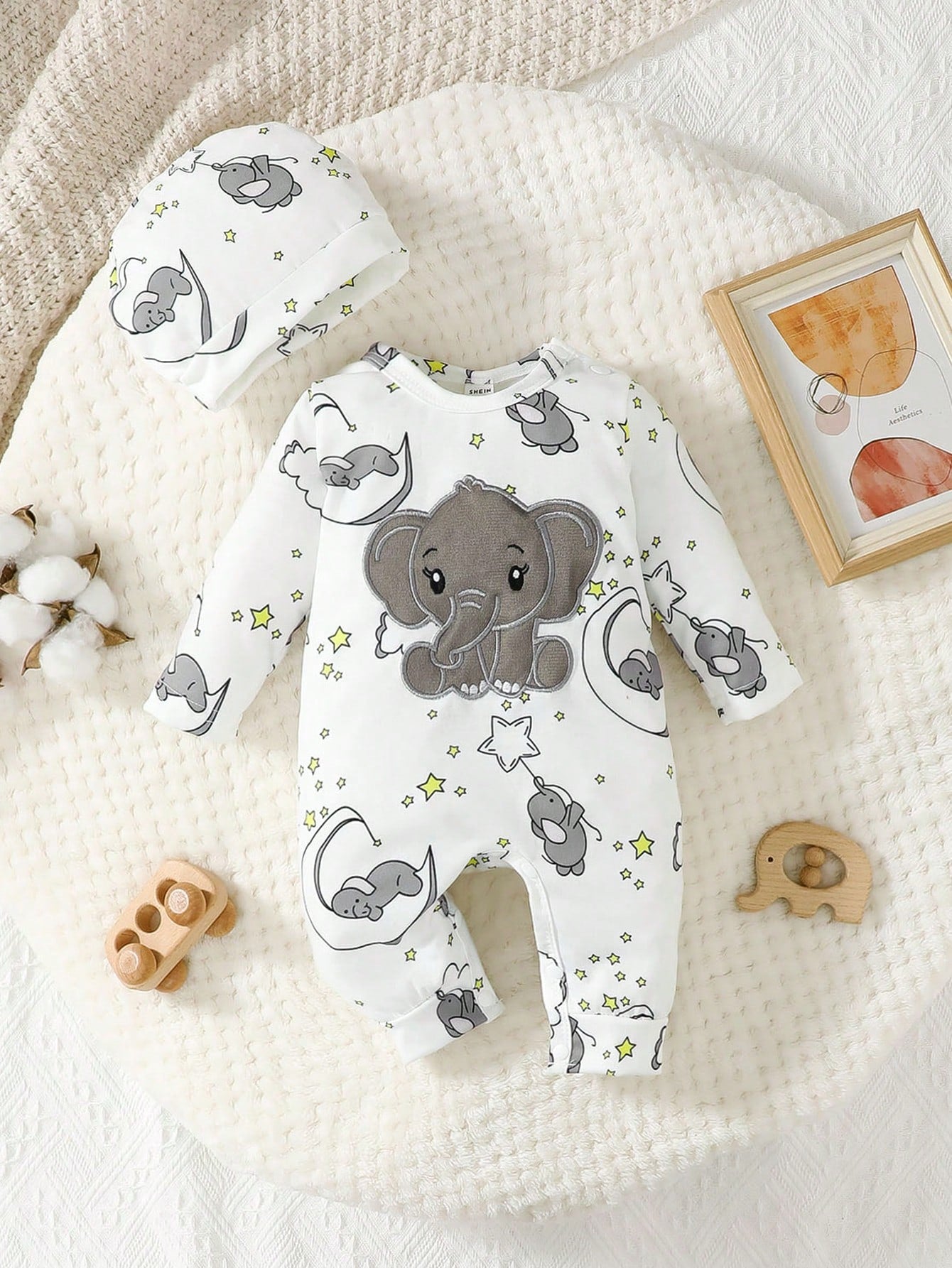 2pcs Baby Boys' Cute Cartoon Elephant Pattern Embroidery Long Sleeve Jumpsuit With Hat