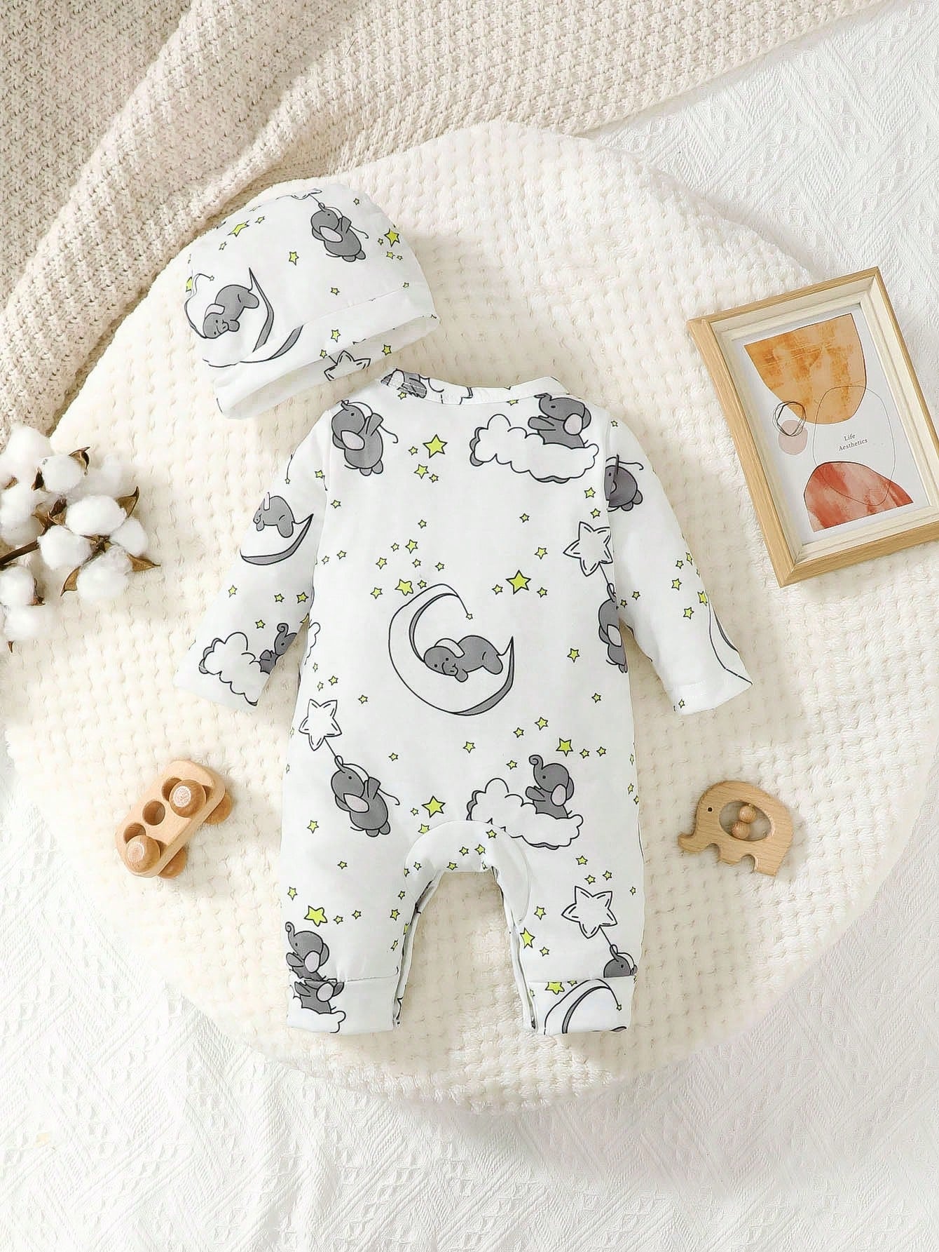 2pcs Baby Boys' Cute Cartoon Elephant Pattern Embroidery Long Sleeve Jumpsuit With Hat