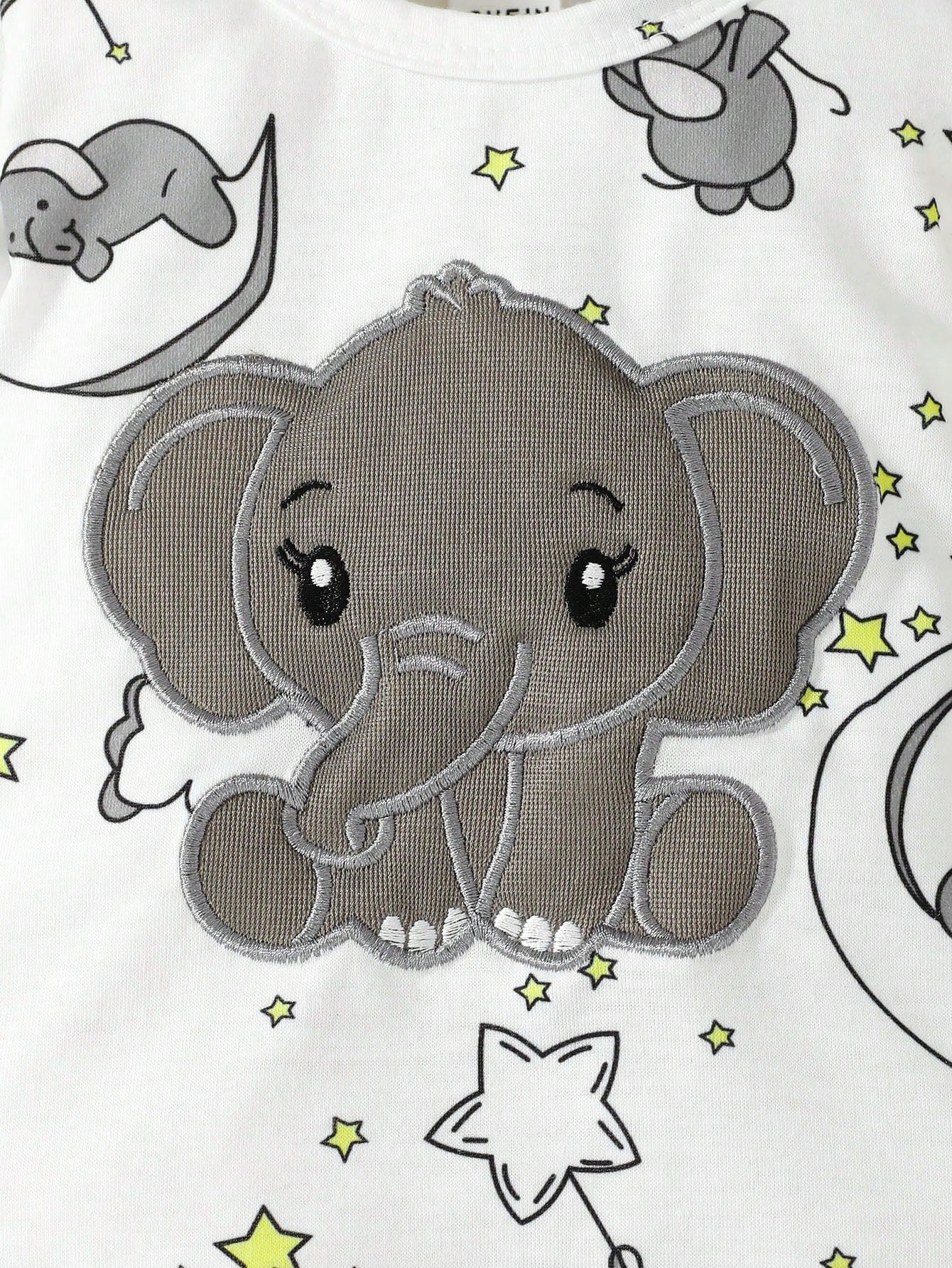 2pcs Baby Boys' Cute Cartoon Elephant Pattern Embroidery Long Sleeve Jumpsuit With Hat