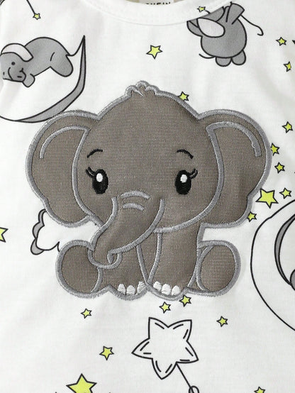 2pcs Baby Boys' Cute Cartoon Elephant Pattern Embroidery Long Sleeve Jumpsuit With Hat