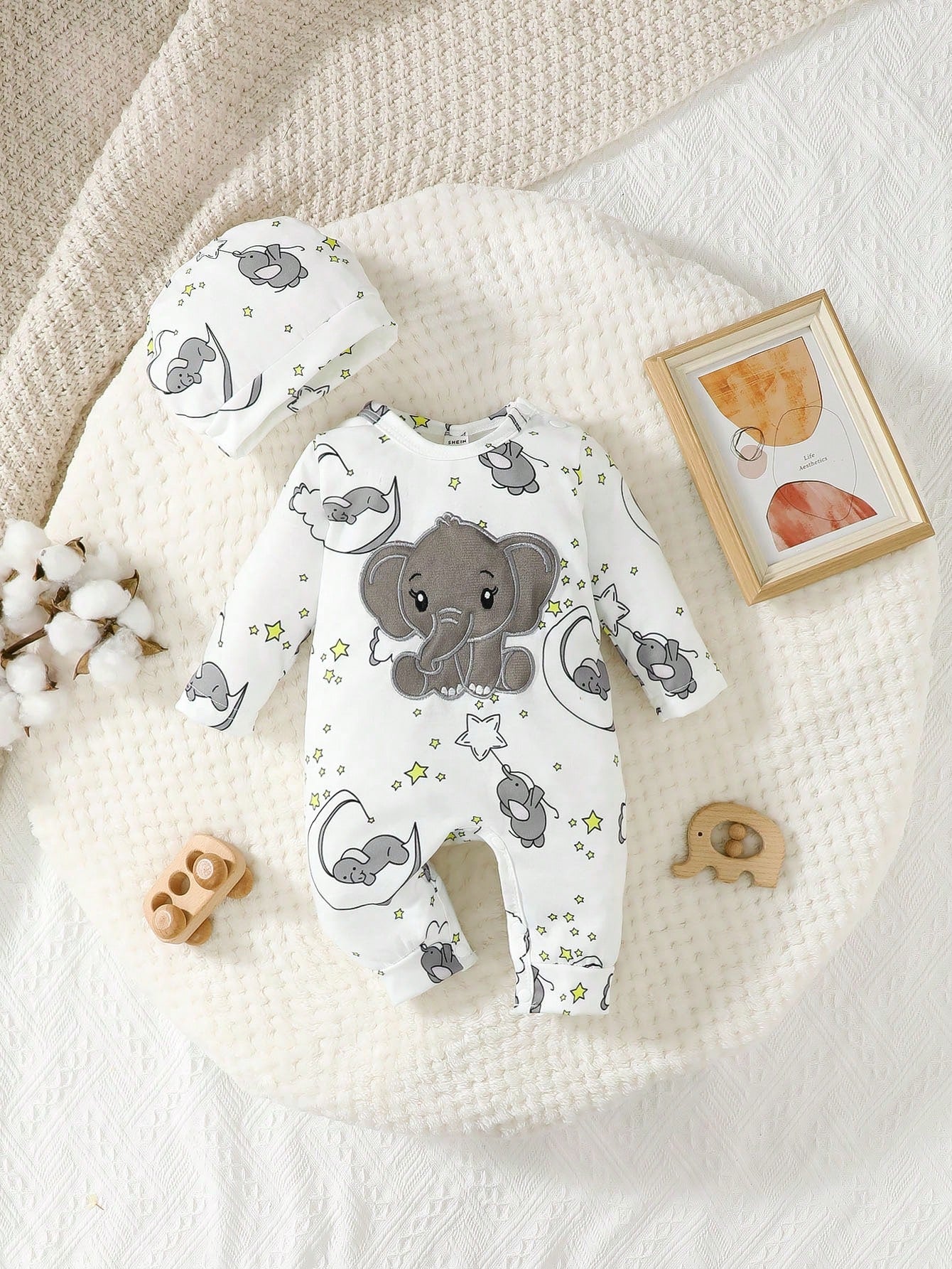 2pcs Baby Boys' Cute Cartoon Elephant Pattern Embroidery Long Sleeve Jumpsuit With Hat
