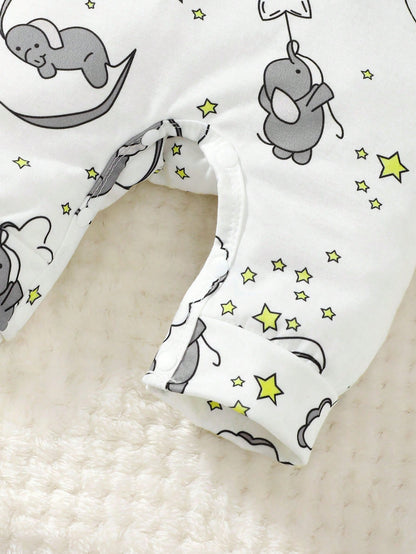 2pcs Baby Boys' Cute Cartoon Elephant Pattern Embroidery Long Sleeve Jumpsuit With Hat
