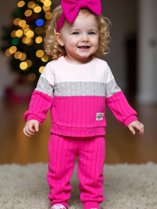 2pcs Baby Girl Casual Chic Colorblock Wide Ribbed Round Neck Long Sleeve Top And Pants Set, Suitable For Daily School, Spring/Autumn Fall Winter