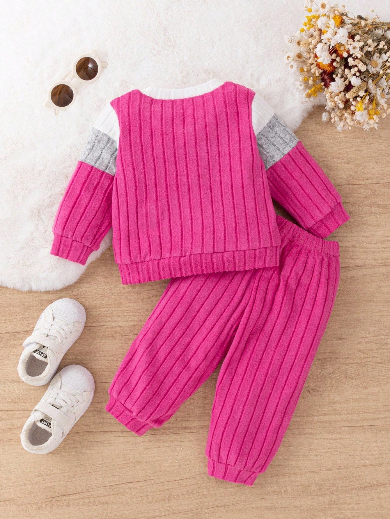 2pcs Baby Girl Casual Chic Colorblock Wide Ribbed Round Neck Long Sleeve Top And Pants Set, Suitable For Daily School, Spring/Autumn Fall Winter