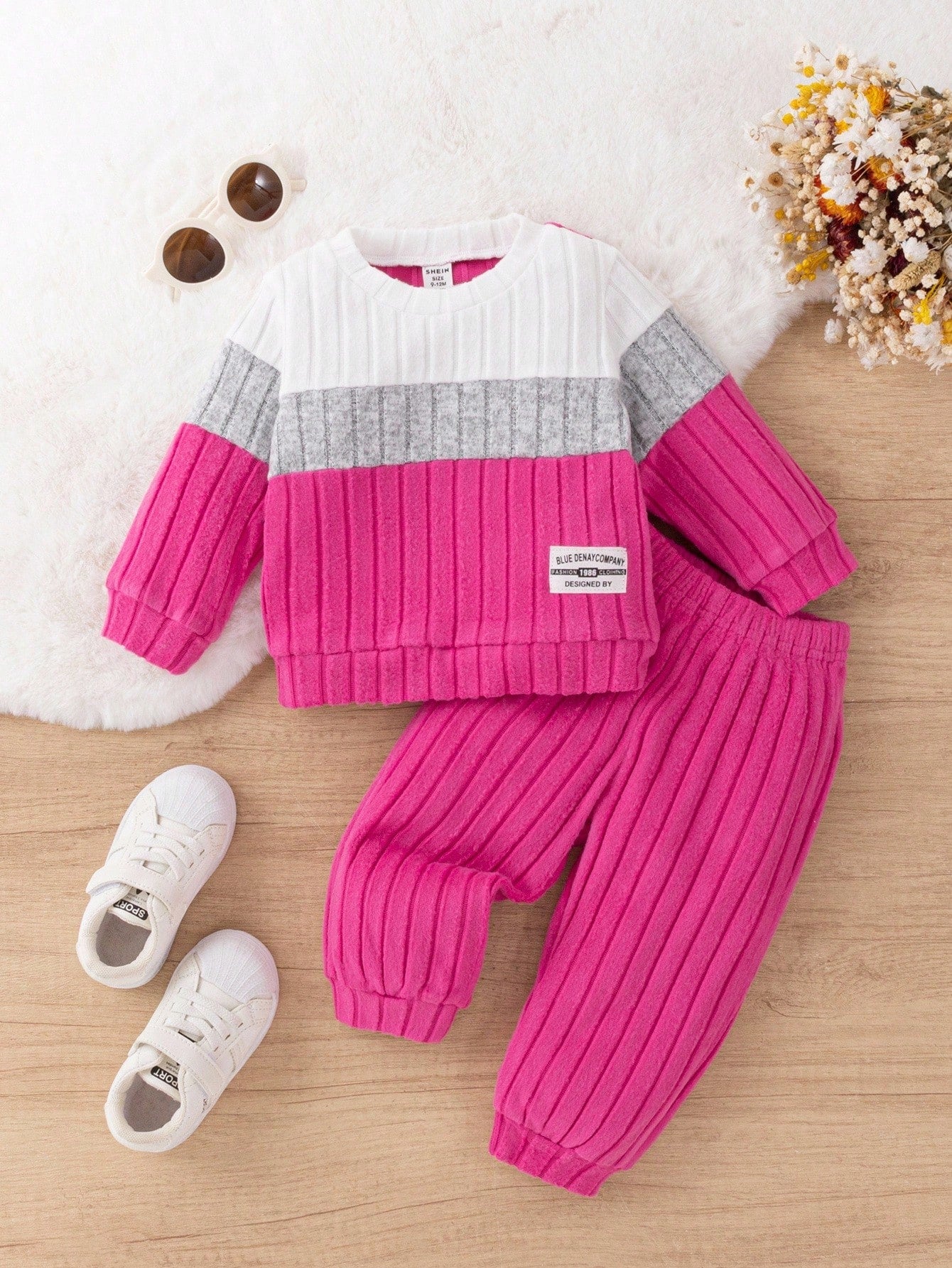 2pcs Baby Girl Casual Chic Colorblock Wide Ribbed Round Neck Long Sleeve Top And Pants Set, Suitable For Daily School, Spring/Autumn Fall Winter