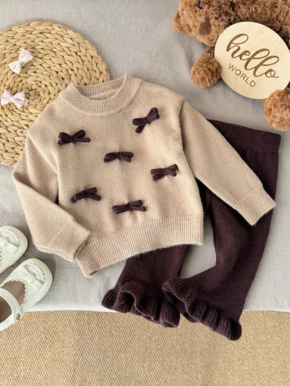 2pcs Baby Girl Elegant 3D Bow Decor Pullover Long Sleeve Autumn Winter Top And Solid Color Ruffle Hem Long Pants Set