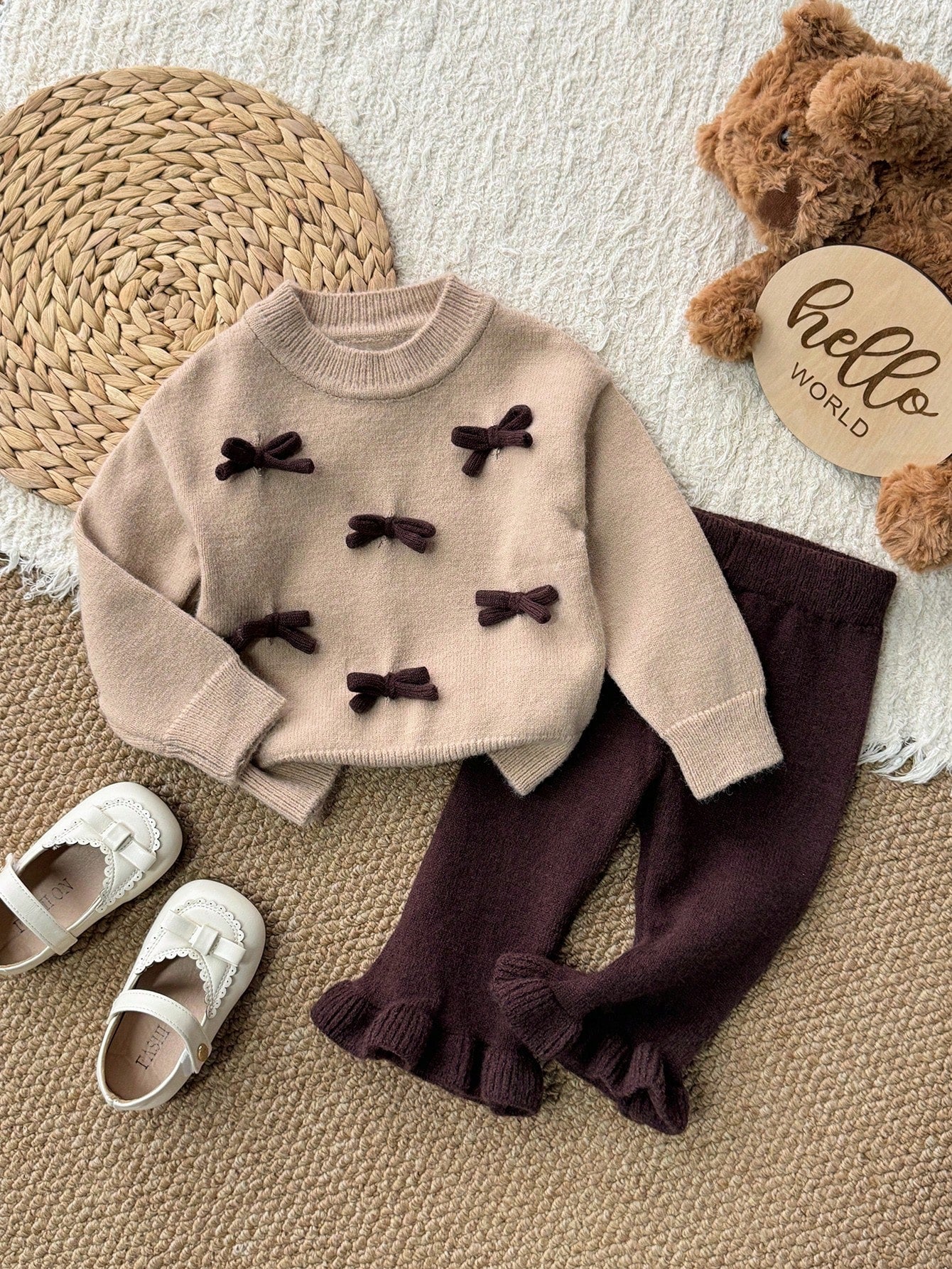 2pcs Baby Girl Elegant 3D Bow Decor Pullover Long Sleeve Autumn Winter Top And Solid Color Ruffle Hem Long Pants Set