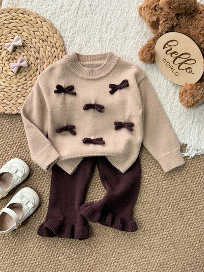 2pcs Baby Girl Elegant 3D Bow Decor Pullover Long Sleeve Autumn Winter Top And Solid Color Ruffle Hem Long Pants Set