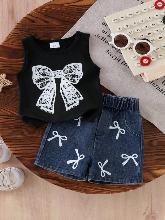 2pcs Baby Girl Fashionable Summer Set: Sleeveless Bow Print Top And Bow Print Ruffled Denim Shorts