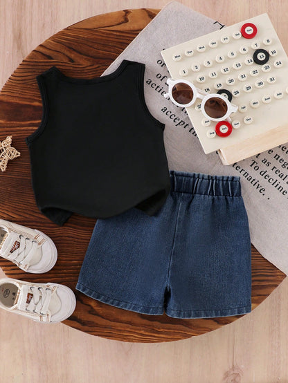 2pcs Baby Girl Fashionable Summer Set: Sleeveless Bow Print Top And Bow Print Ruffled Denim Shorts