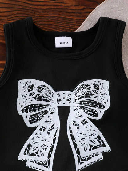 2pcs Baby Girl Fashionable Summer Set: Sleeveless Bow Print Top And Bow Print Ruffled Denim Shorts