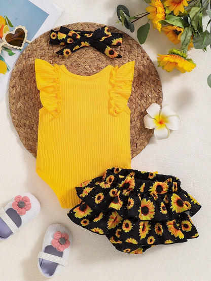 2pcs Baby Girl "Mama's" Floral Print Sleeveless Bodysuit And Sunflower Print Shorts With Headscarf Outfit, Spring/Summer