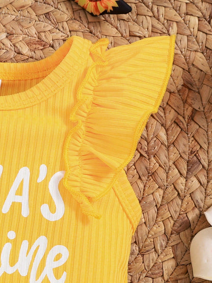 2pcs Baby Girl "Mama's" Floral Print Sleeveless Bodysuit And Sunflower Print Shorts With Headscarf Outfit, Spring/Summer