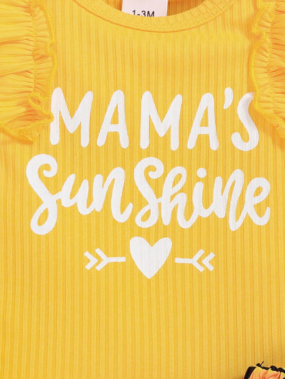 2pcs Baby Girl "Mama's" Floral Print Sleeveless Bodysuit And Sunflower Print Shorts With Headscarf Outfit, Spring/Summer