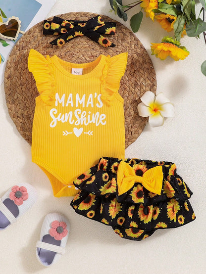 2pcs Baby Girl "Mama's" Floral Print Sleeveless Bodysuit And Sunflower Print Shorts With Headscarf Outfit, Spring/Summer