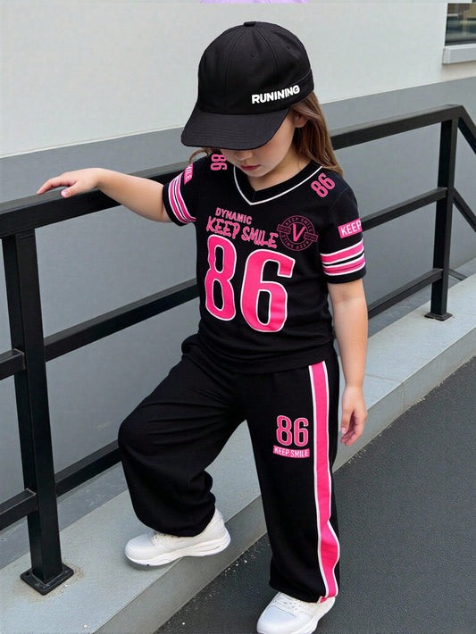 2pcs Baby Girl Sport Black Pink Summer Vacation Outfit Fuchsia Numeral Print V-Neck Short Sleeve T-Shirt And Floral Gray Pants Casual Tracksuit Set
