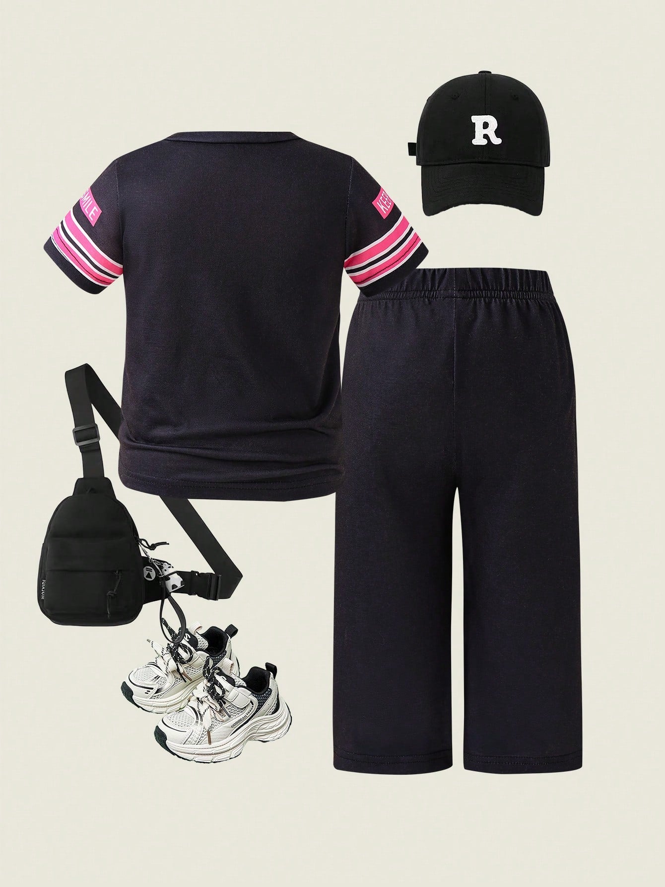 2pcs Baby Girl Sport Black Pink Summer Vacation Outfit Fuchsia Numeral Print V-Neck Short Sleeve T-Shirt And Floral Gray Pants Casual Tracksuit Set