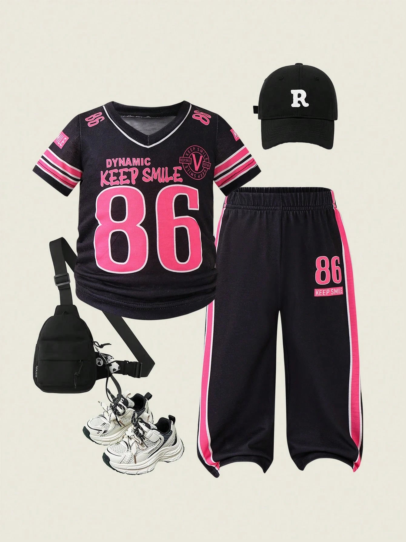 2pcs Baby Girl Sport Black Pink Summer Vacation Outfit Fuchsia Numeral Print V-Neck Short Sleeve T-Shirt And Floral Gray Pants Casual Tracksuit Set