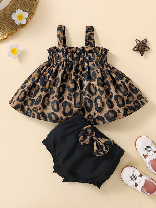 2pcs Baby Girls' Outfit Set, Dark Brown Leopard Print Suspender Dress Top + Black Bowknot Shorts, Spring/Summer