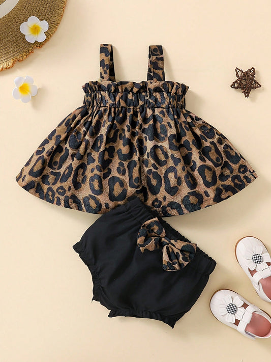 2pcs Baby Girls' Outfit Set, Dark Brown Leopard Print Suspender Dress Top + Black Bowknot Shorts, Spring/Summer