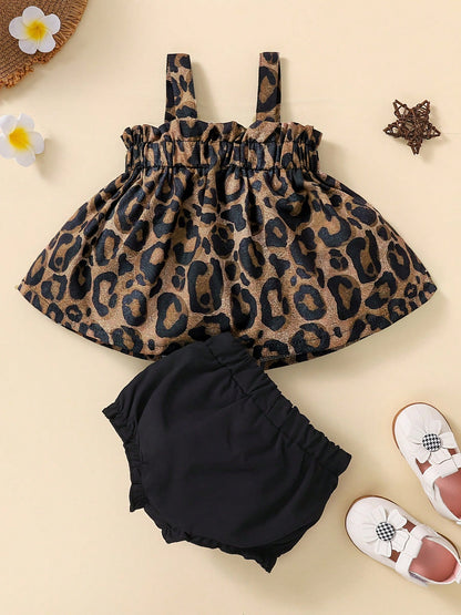 2pcs Baby Girls' Outfit Set, Dark Brown Leopard Print Suspender Dress Top + Black Bowknot Shorts, Spring/Summer
