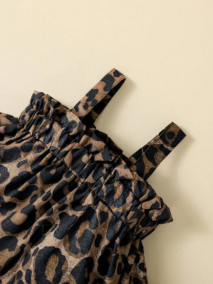 2pcs Baby Girls' Outfit Set, Dark Brown Leopard Print Suspender Dress Top + Black Bowknot Shorts, Spring/Summer