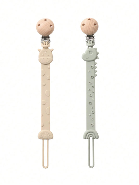 2pcs Baby Silicone Pacifier Clips, Dinosaur & Giraffe Pattern, Anti-Lost Pacifier Clips, Teething, Baby Supplies, Newborn Gift