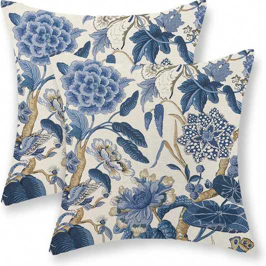 2pcs Blue Floral Pattern Pillowcases, Vintage Floral Cushion Covers, Chinese Style Floral Plant Decorative Pillowcases, Outdoor Decorative Linen Country Style Cushion Covers, Suitable For Sofa And Mat