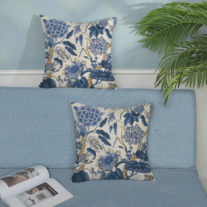 2pcs Blue Floral Pattern Pillowcases, Vintage Floral Cushion Covers, Chinese Style Floral Plant Decorative Pillowcases, Outdoor Decorative Linen Country Style Cushion Covers, Suitable For Sofa And Mat