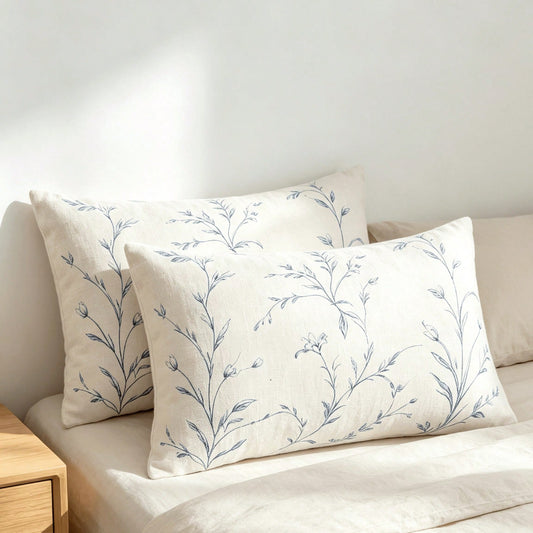 2PCS Blue Wildflower Lumbar Pillow Cover, Off-White Vintage Floral Stem Rectangular Cushion Cover, Farmhouse-Style Sofa Home Decor, Single-Sided, Pillow Insert Not Included