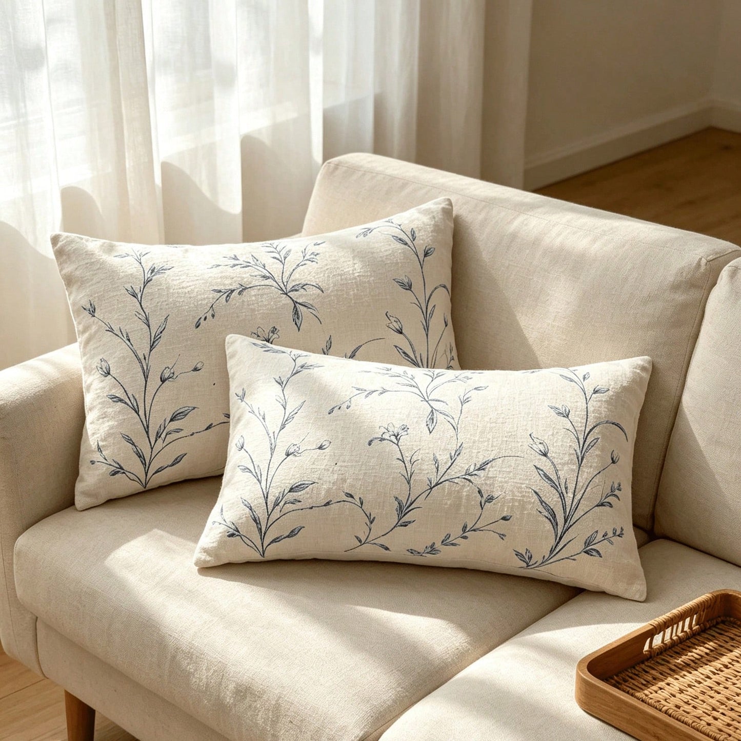 2PCS Blue Wildflower Lumbar Pillow Cover, Off-White Vintage Floral Stem Rectangular Cushion Cover, Farmhouse-Style Sofa Home Decor, Single-Sided, Pillow Insert Not Included