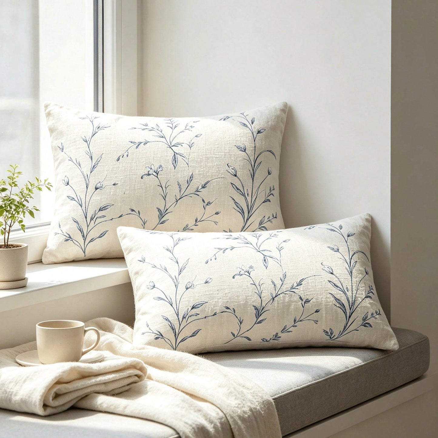 2PCS Blue Wildflower Lumbar Pillow Cover, Off-White Vintage Floral Stem Rectangular Cushion Cover, Farmhouse-Style Sofa Home Decor, Single-Sided, Pillow Insert Not Included