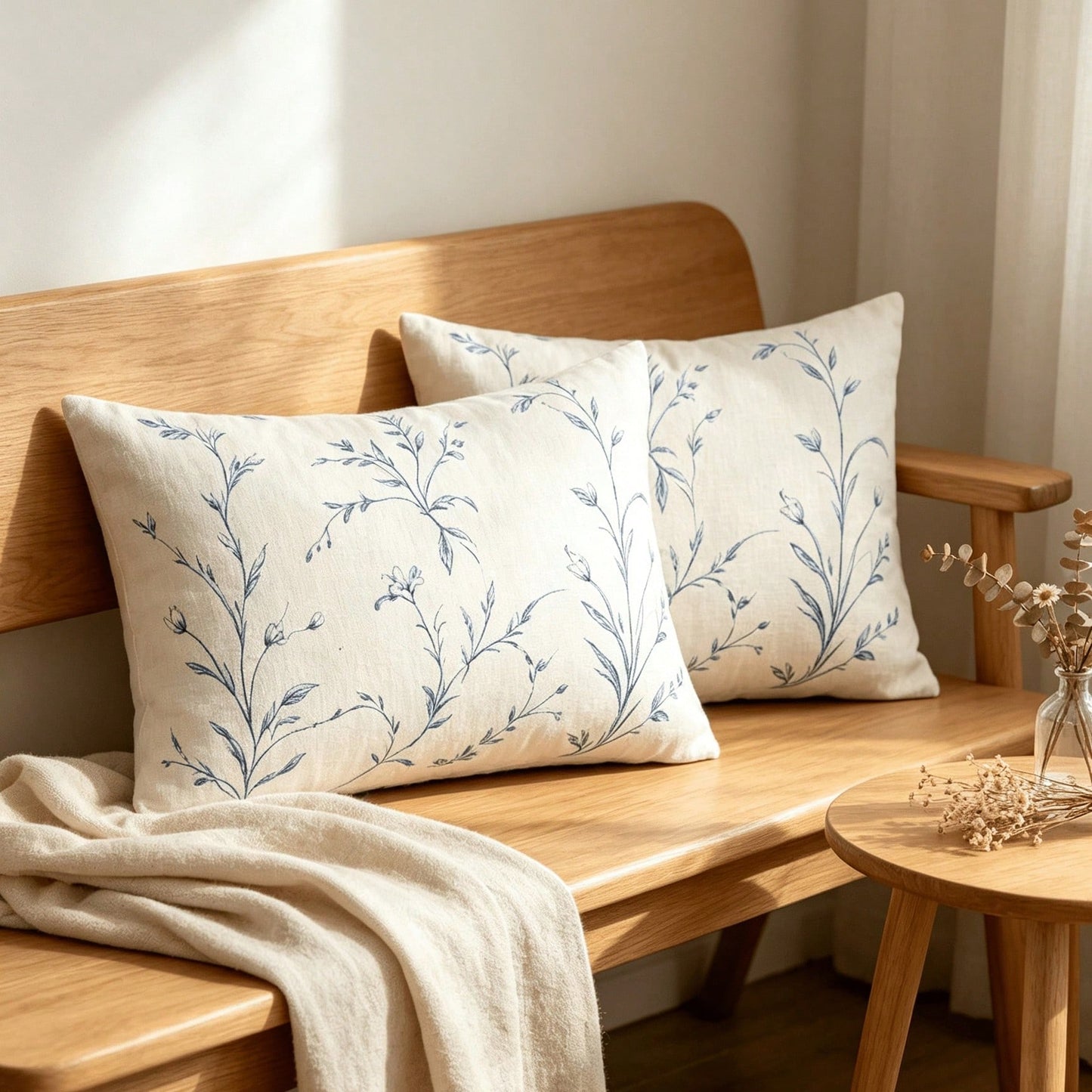 2PCS Blue Wildflower Lumbar Pillow Cover, Off-White Vintage Floral Stem Rectangular Cushion Cover, Farmhouse-Style Sofa Home Decor, Single-Sided, Pillow Insert Not Included